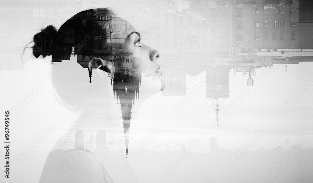 Fototapeta Monochrome double exposure with attractive young woman and beautiful city