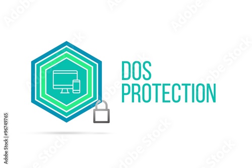 Dos Protection concept image with pentagon shield and lock illustration and icon inside