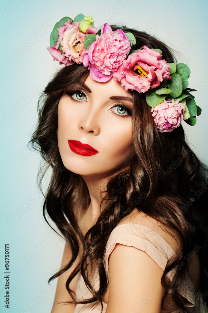 Pretty Girl with Summer Flowers on Blue Background