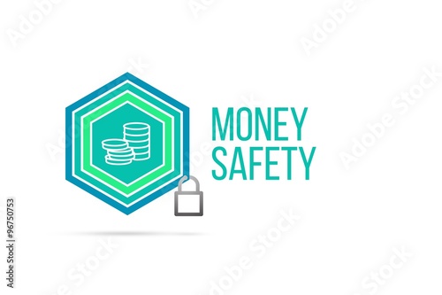 Money safety concept image with pentagon shield and lock illustration and coins icon inside