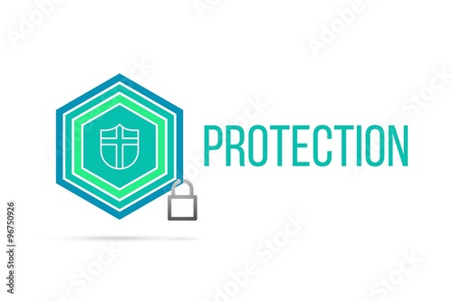 Protection concept image with pentagon shield seal and lock illustration and icon inside