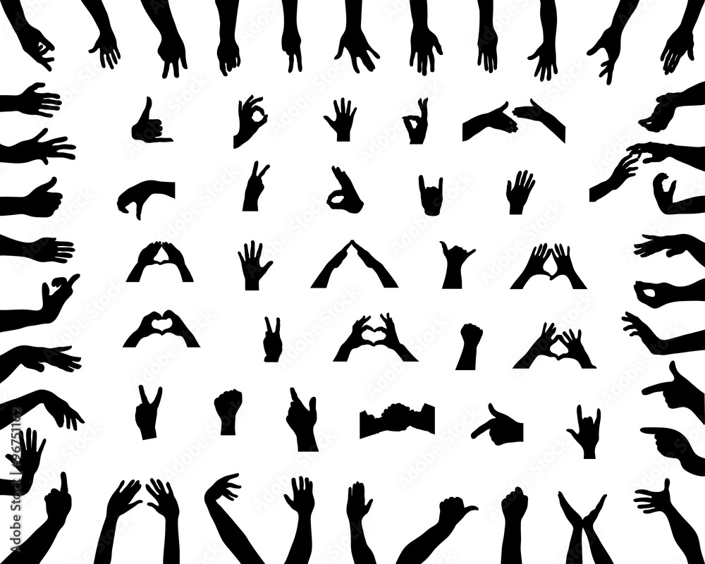 Black silhouettes of various positions of hands, vector Black silhouettes of various positions of hands, vector
