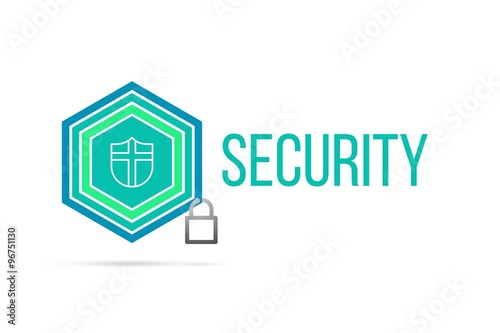 Security concept image with pentagon shield seal and lock illustration and icon inside