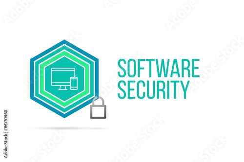 Software security concept image with pentagon shield seal and lock illustration and icon inside