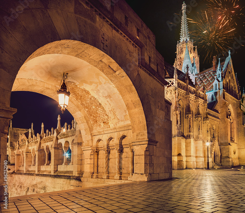 Photography Fishermans Bastion in Budapest with fireworks in the evening sky
