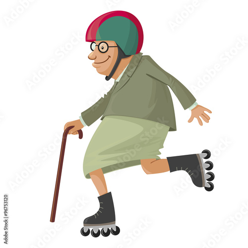 elderly woman on roller skates, vector cartoon