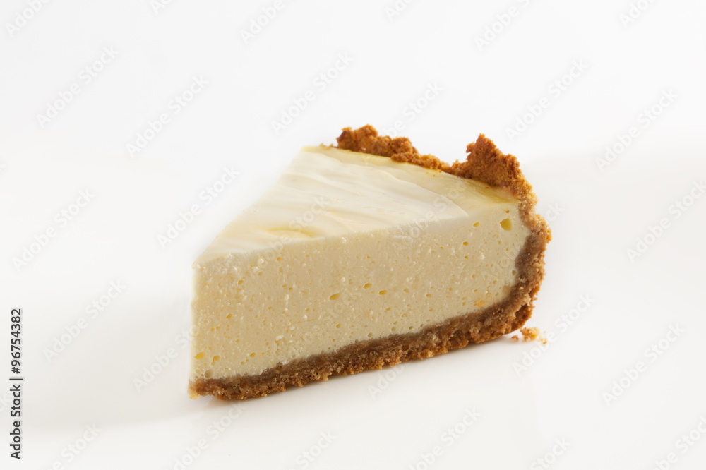 Slice of cheesecake on a white background