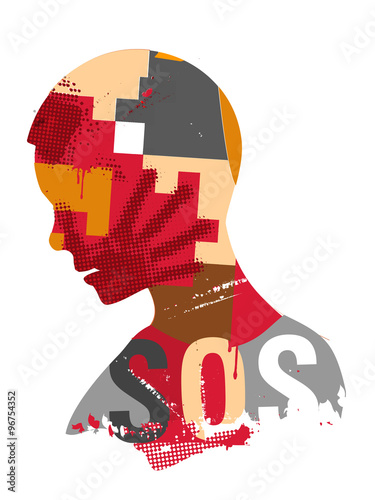  SOS Violence.
Human head  silhouette with hand print on the face symbolizing violence in the world. Vector available.
