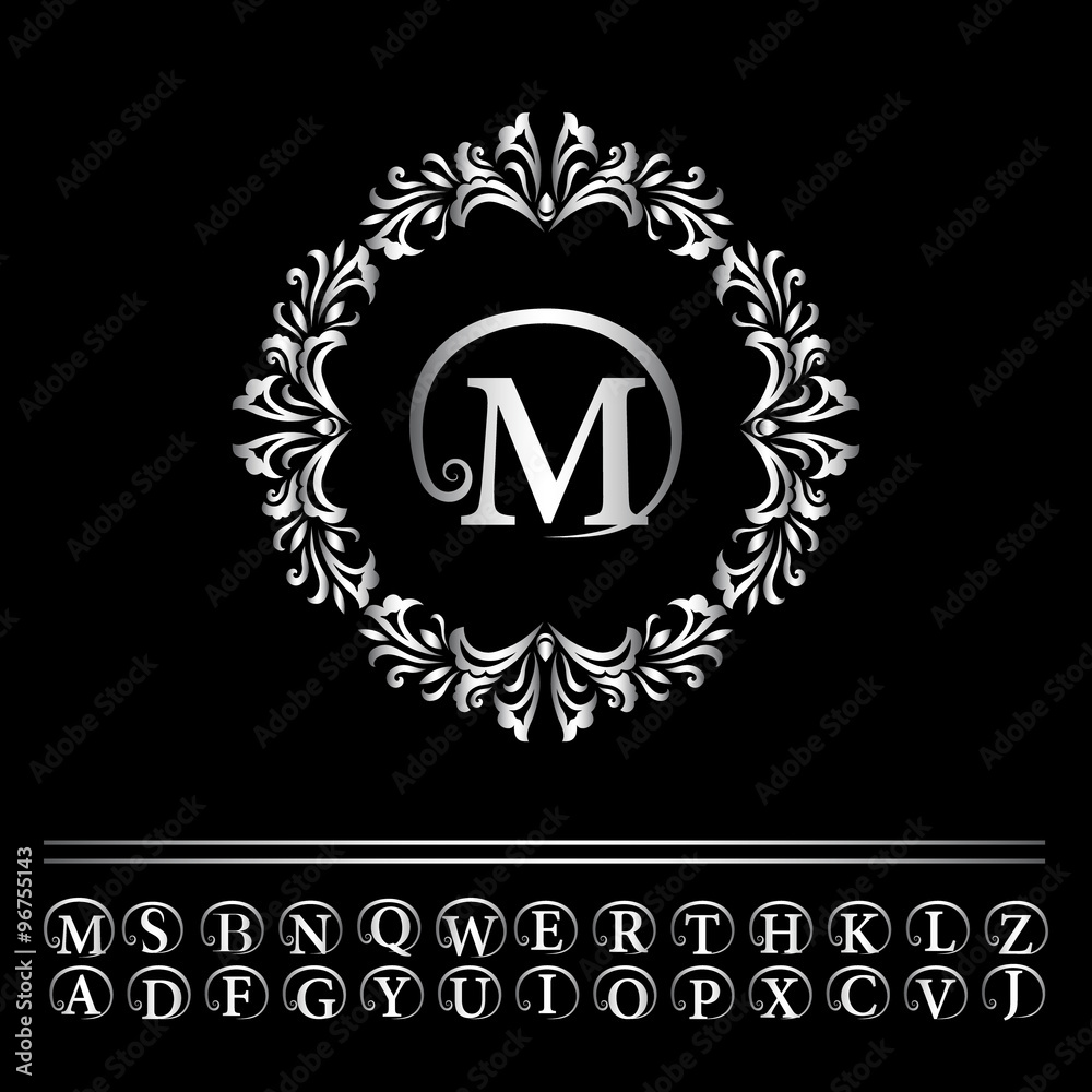 Monogram design elements, graceful template. Elegant line art logo design. Business silver emblem letter M for Restaurant, Royalty, Boutique, Cafe, Hotel, Heraldic, Jewelry, Fashion. Vector