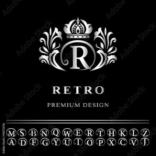 Monogram design elements, graceful template. Elegant line art logo design. Business silver emblem letter R for Restaurant, Royalty, Boutique, Cafe, Hotel, Heraldic, Jewelry, Fashion. Vector