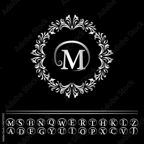 Monogram design elements, graceful template. Elegant line art logo design. Business silver emblem letter M for Restaurant, Royalty, Boutique, Cafe, Hotel, Heraldic, Jewelry, Fashion. Vector