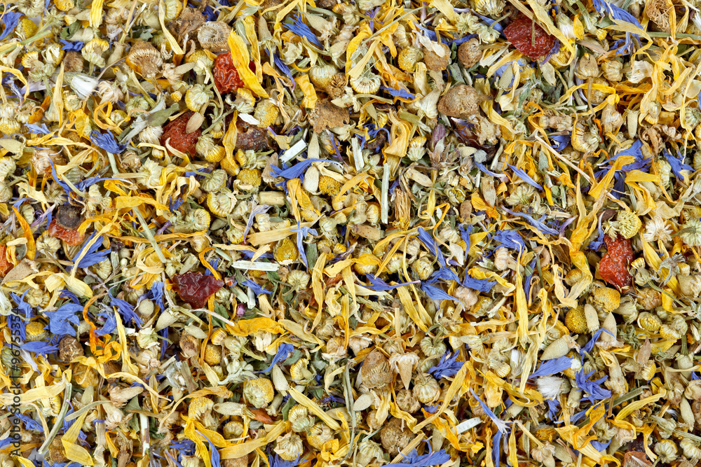 Background of dried flowers, berries and tea leaves. Mountain herb tea.