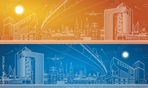 City panorama, night town, infrastructure landscape, planes take off, flyover