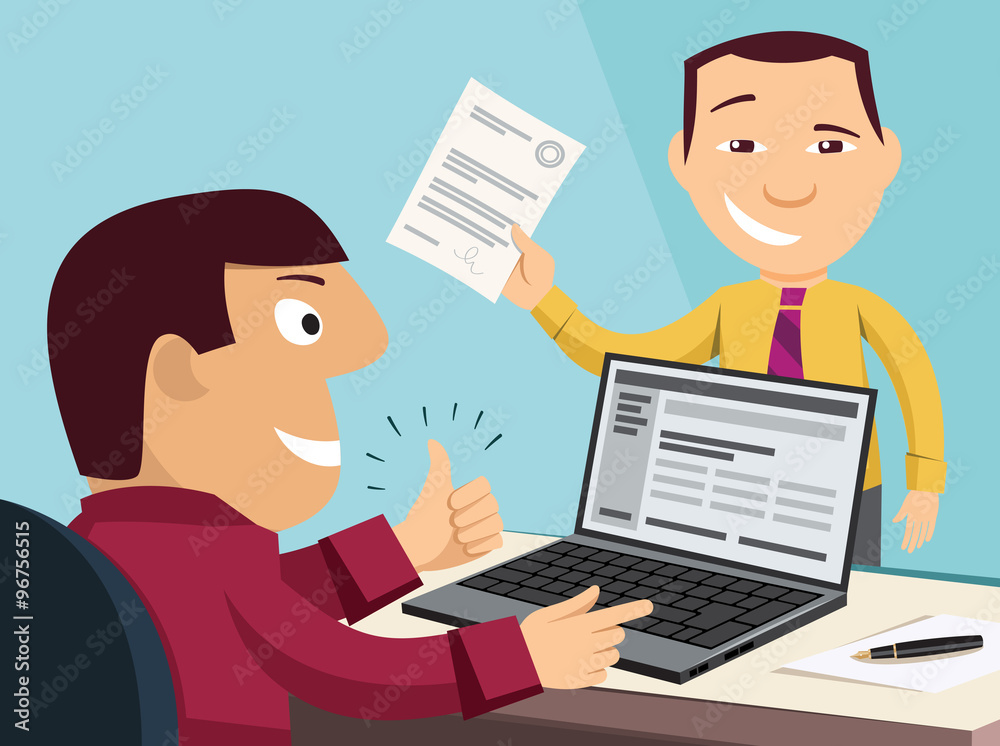 Loan application. Customer Care Center. Approval documents. Processing the application in the office. Funny experienced banker solves the problem. Simple flat design vector cartoon illustration. Loan application. Customer Care Center. Approval documents. Processing the application in the office. Funny experienced banker solves the problem. Simple flat design vector cartoon illustration.