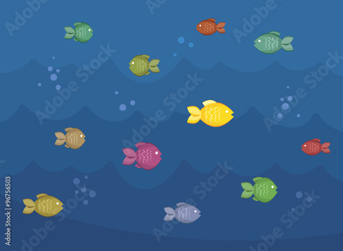 Collection fish under the water. Goldfish. Simple cartoon vector illustration.