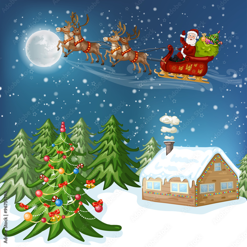 Merry Christmas Card. Illustration with Christmas house, Christmas tree ,Santa Claus 
