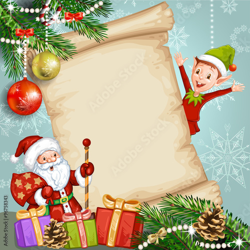 Christmas card with  Santa Claus and elf