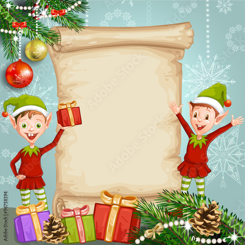 Christmas card with gifts and elves