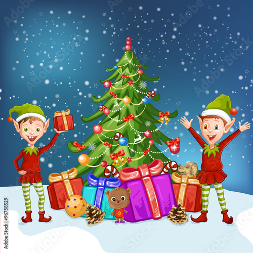 Illustration of the two elves near the Christmas tree