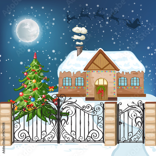 Merry Christmas Card. Illustration with Christmas house, Christmas tree ,Santa Claus 