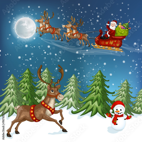 Merry Christmas Card. Illustration with Christmas house, Christmas tree , Santa Claus ,deer and snowman