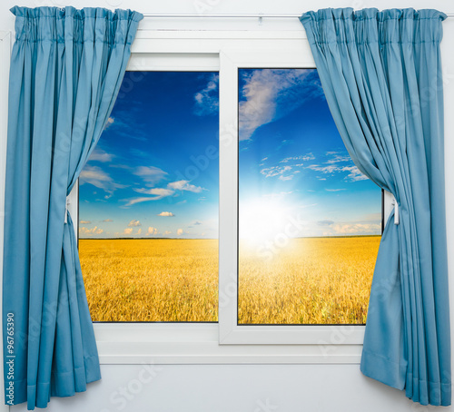 nature landscape with a view through a window with curtains