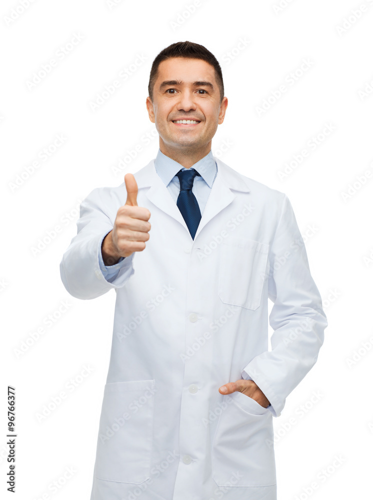 smiling doctor in white coat showing thumbs up smiling doctor in white coat showing thumbs up