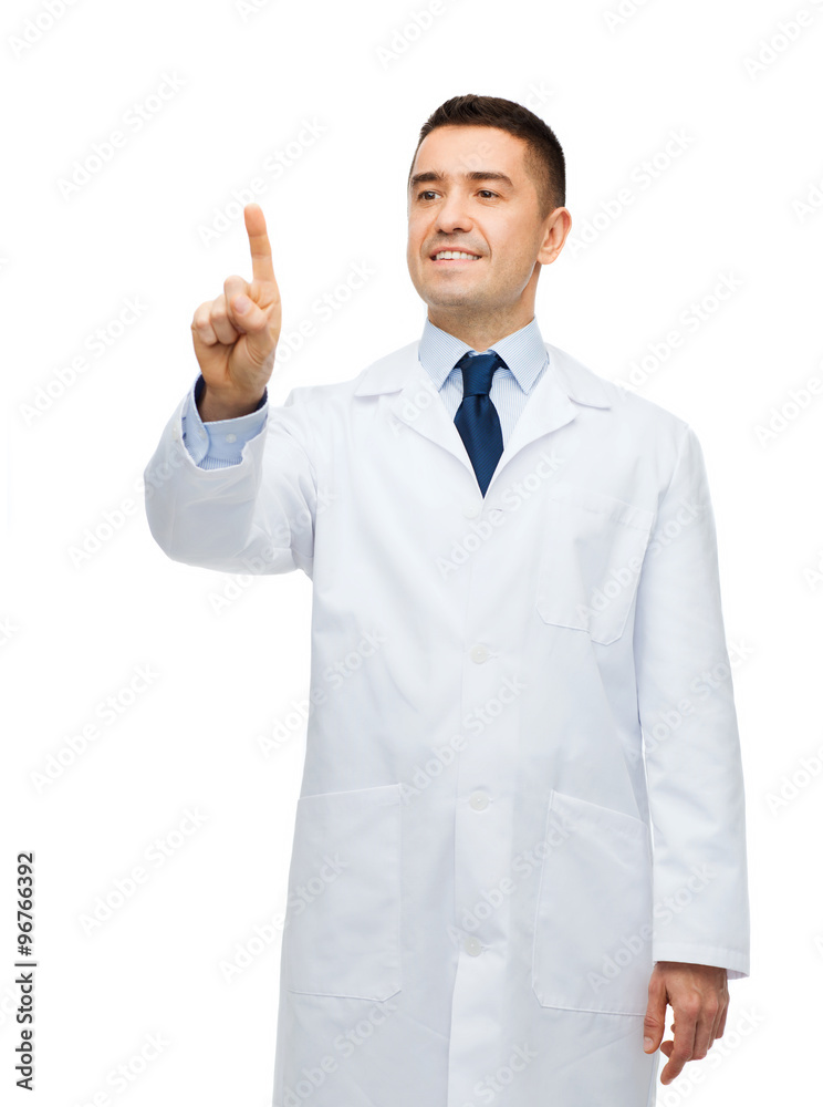 smiling male doctor in white coat pointing finger smiling male doctor in white coat pointing finger