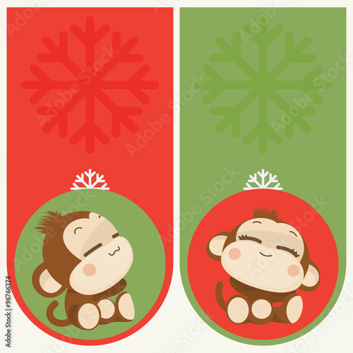 Cute monkey couple. Happy New Year 2016. Vector Illustration