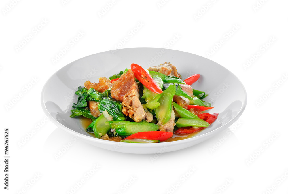 Stir fried kale with crispy pork