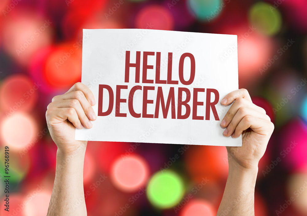 Hello December placard with red bokeh background
