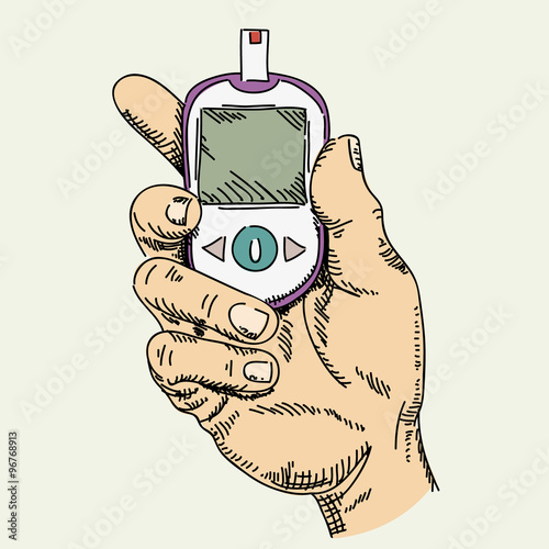 Hand holding Diabetes Blood Glucose Meter - Vector drawing
