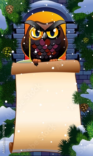 Wise owl with a poster. Illustration