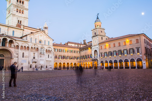 Modena, Emilia Romagna, Italy. Piazza Grande at sunset, with Cathedral Duomo and Ghirlandina leaning tower