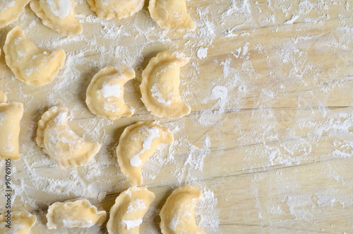 Making of pierogi with potato (Vareniki. Russian food) .  Rustic style. View from above.