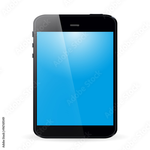 Tablet with blue screen and shadow on white background