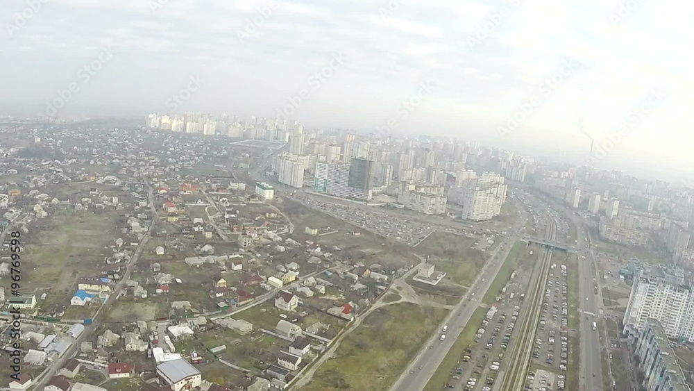 Fly like bird with turns over autumn suburb of city Kiev, Ukraine. Aerial Fly like bird with turns over autumn suburb of city Kiev, Ukraine. Aerial