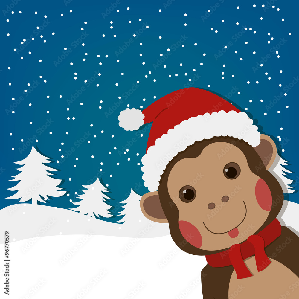funny monkey, new year and christmas greeting card, cartoon character illustration funny monkey, new year and christmas greeting card, cartoon character illustration