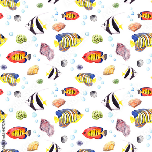 Fish and seashell. Repeating seamless pattern. Watercolor 