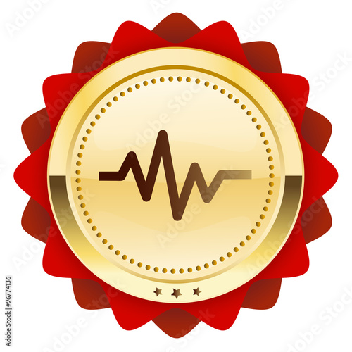 Cardiology seal or icon with heart beat symbol. Glossy golden seal or button.