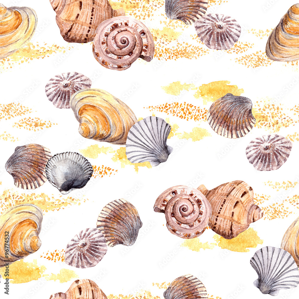 Seamless seashell and sand pattern on white background. Watercolour Seamless seashell and sand pattern on white background. Watercolour