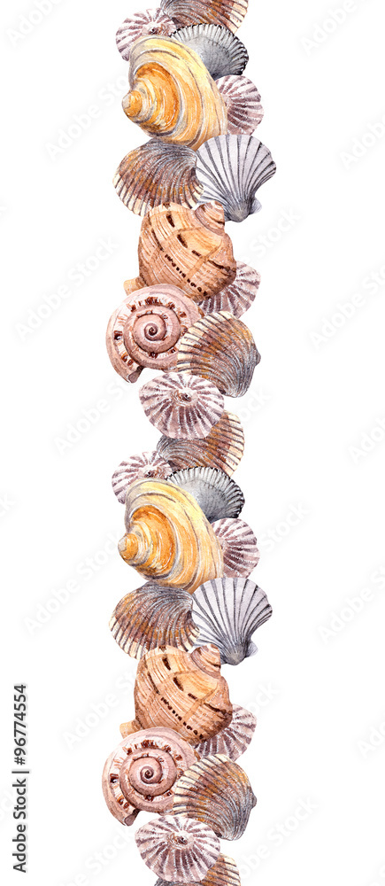 Obraz premium Seamless border stripe with seashells. Watercolour frame 