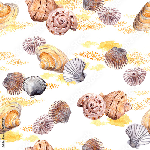 Seamless seashell and sand pattern on white background. Watercolour 