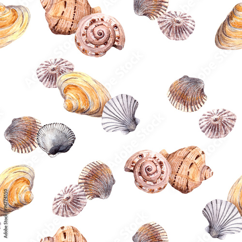 Seamless summer seashell template on white background. Watercolour 