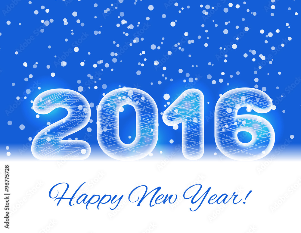 2016 ice text on a blue background with a falling snow. New Year