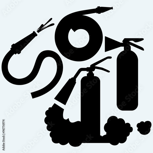 Fire tube, extinguisher and foam. Isolated on blue background. Vector silhouettes