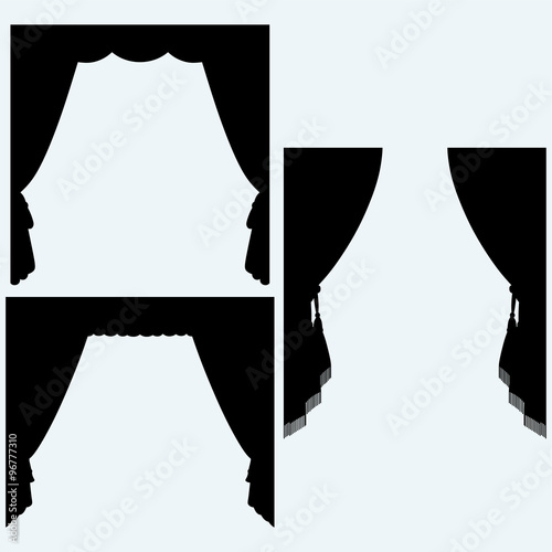 Set of silk curtains open. Isolated on blue background. Vector silhouettes