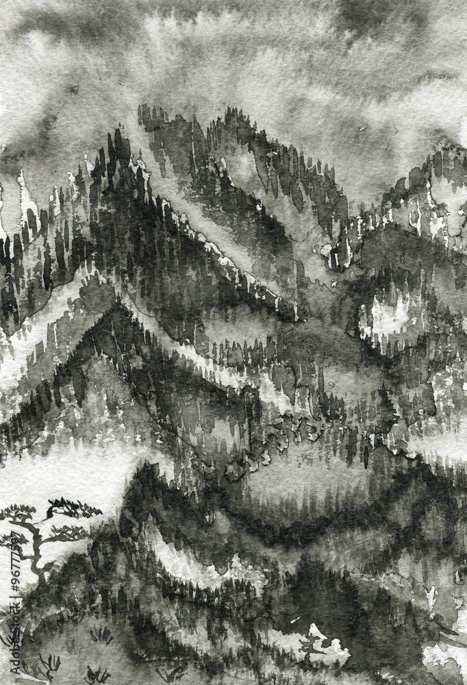  Bleak mountains in the fog and a lonely pine. Watercolor illustration. Monochrome. Styling Chinese painting