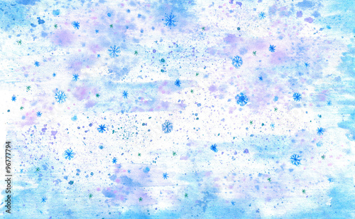 Голубой зимний акварельный фон со снежинками.