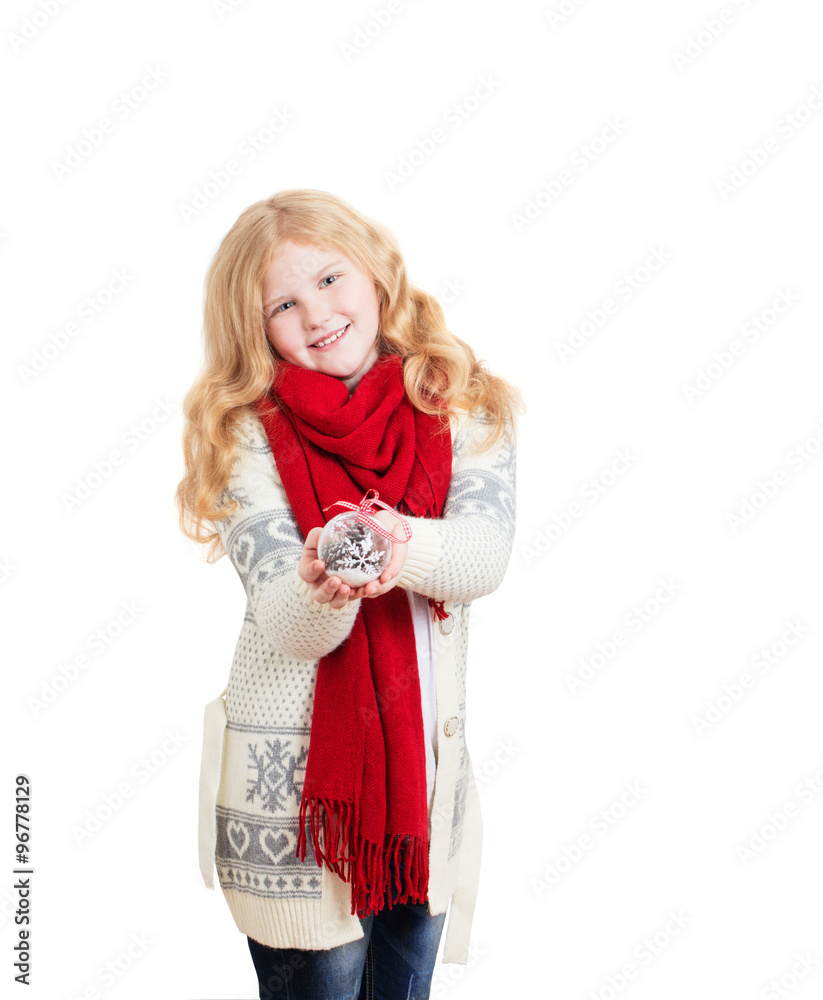 happy girl with Christmas ball isolated on white happy girl with Christmas ball isolated on white